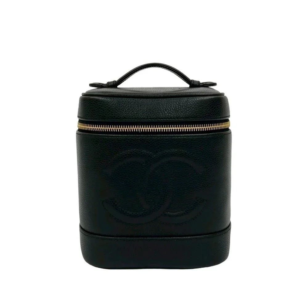 CHANEL Black Caviar Leather Logo Vanity Bag